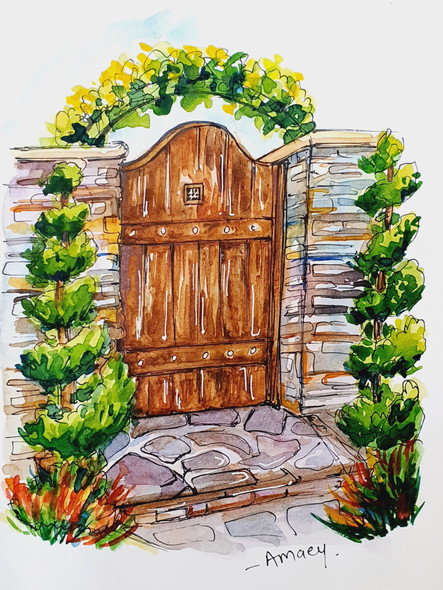 Brown Wooden Door (ART_7989_61987) - Handpainted Art Painting - 8in X 11in