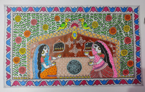 DIWALI MADHUBANI PAINTING  (PRT_8054_61971) - Canvas Art Print - 21in X 12in