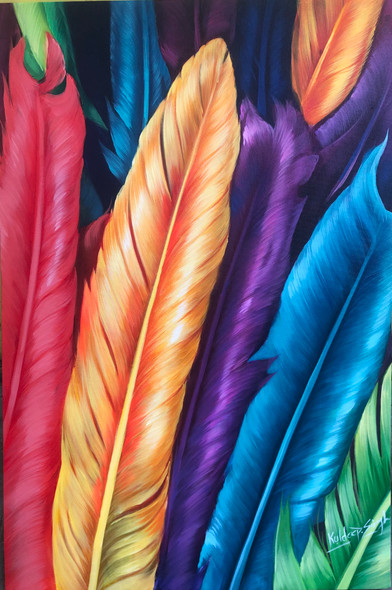 Feather painting  (ART_6706_62151) - Handpainted Art Painting - 24in X 36in