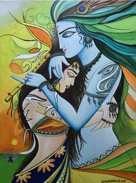 Radha Krishna (ART_8370_62098) - Handpainted Art Painting - 18in X 24in