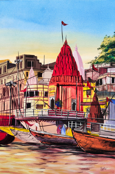 Varanasi  (ART_329_62088) - Handpainted Art Painting - 13in X 19in