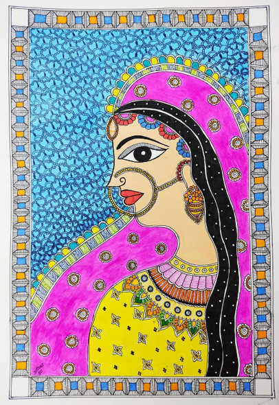 ETHNIC BEAUTY MADHUBANI PAINTING  (PRT_8054_61964) - Canvas Art Print - 16in X 12in