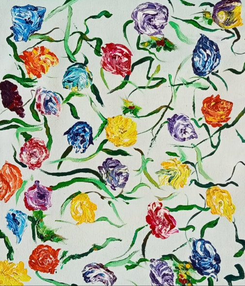 Buds In Bushes A Very Light Green Color Background With Buds Made Using Pallet Knife (ART_8034_57700) - Handpainted Art Painting - 11in X 14in