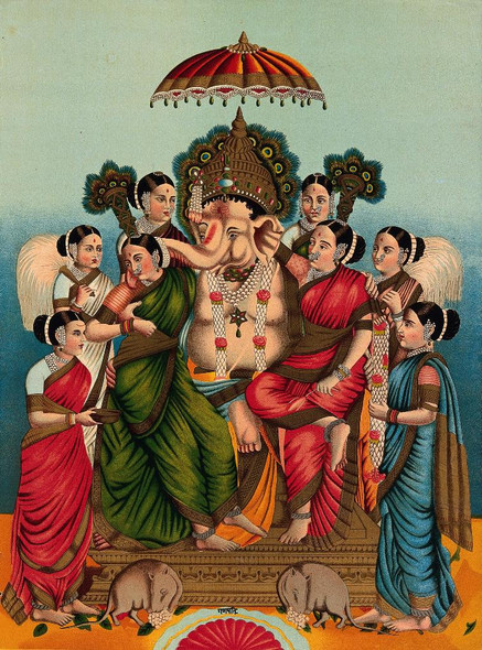Ganesha And His Two Wives, Siddhi And Buddhi, Surrounded By Six Attendants And His Rats (PRT_10950) - Canvas Art Print - 15in X 20in
