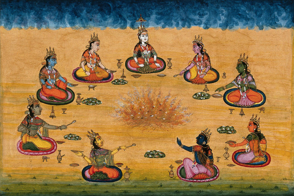 Nine Female Deities Performing A Yagna, A Fire Sacrifice, An Old Vedic Ritual Where Offerings Are Made To The God Of Fire, Agni (PRT_10943) - Canvas Art Print - 20in X 13in