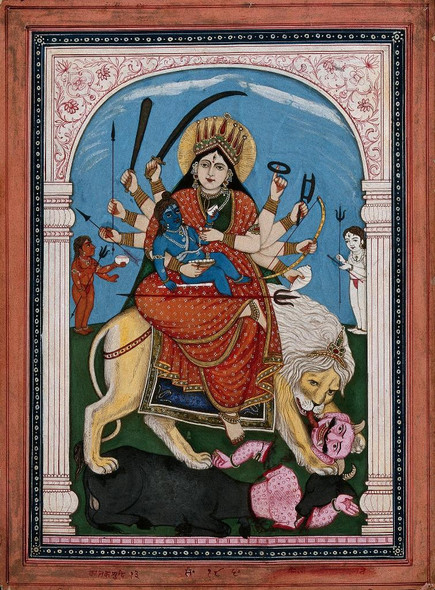 Durga Mounted On A Lion Killing The Buffalo Demon Mahishasura (PRT_10948) - Canvas Art Print - 15in X 20in