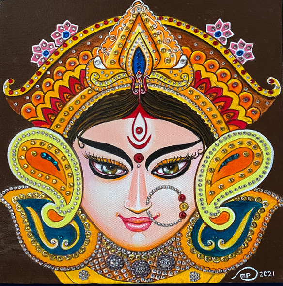 Durga (ART_8370_62242) - Handpainted Art Painting - 10in X 10in