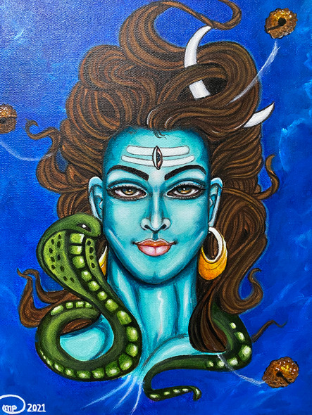 Shiva face (ART_8370_62224) - Handpainted Art Painting - 10in X 12in