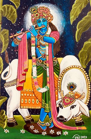 Krishna with white cow (ART_8370_62222) - Handpainted Art Painting - 10in X 12in