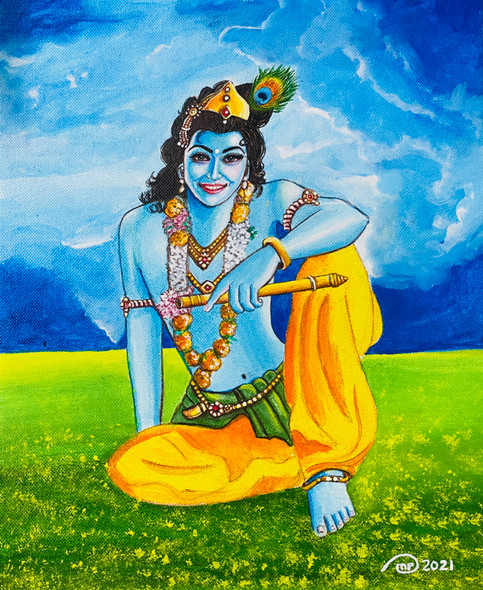 Krishna smiling (ART_8370_62216) - Handpainted Art Painting - 10in X 12in