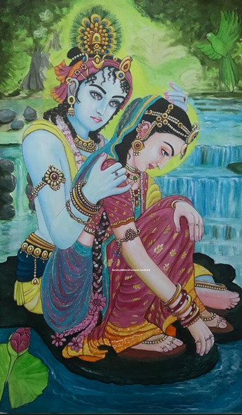 Radha Krishna Last Meeting (ART_8370_62203) - Handpainted Art Painting - 15in X 24in