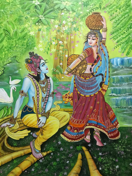 Radha Krishna First Meeting (ART_8370_62202) - Handpainted Art Painting - 24in X 30in