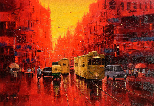 First Light In Kolkata (ART_7774_62481) - Handpainted Art Painting - 60in X 42in
