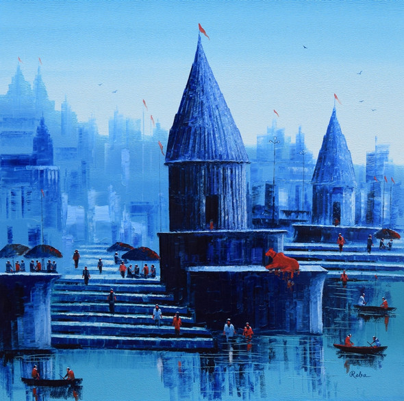 Banaras Ghat (ART_7775_62474) - Handpainted Art Painting - 36in X 36in