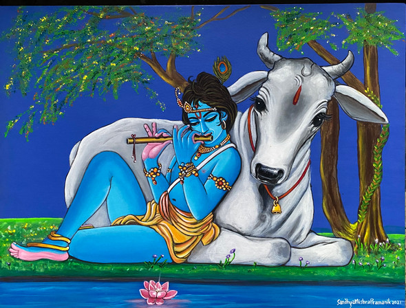 Krishna playing flute with white cow (PRT_8370_62483) - Canvas Art Print - 24in X 18in