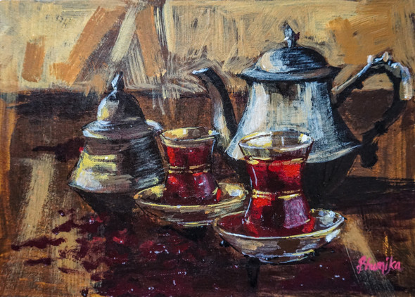 Turkish tea set (ART_8386_62442) - Handpainted Art Painting - 11in X 8in