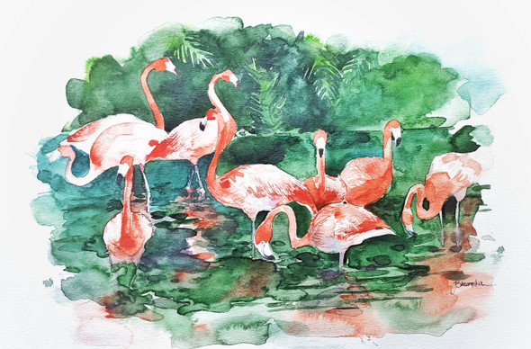 Flamingos (ART_8386_62376) - Handpainted Art Painting - 16in X 12in