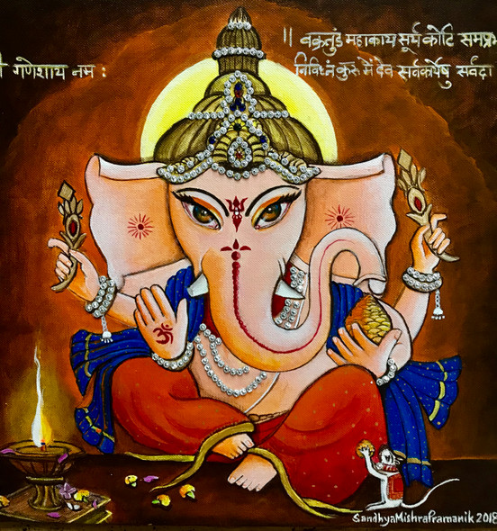 Ganesha and lamp (PRT_8370_62516) - Canvas Art Print - 12in X 12in