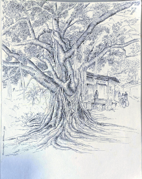 Tree with a tea stall  (ART_8211_59126) - Handpainted Art Painting - 12in X 15in