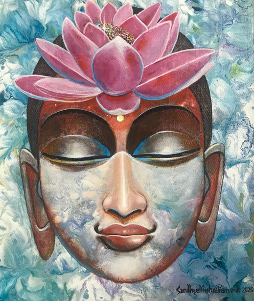 Buddha with lotus head (ART_8370_62201) - Handpainted Art Painting - 10in X 12in