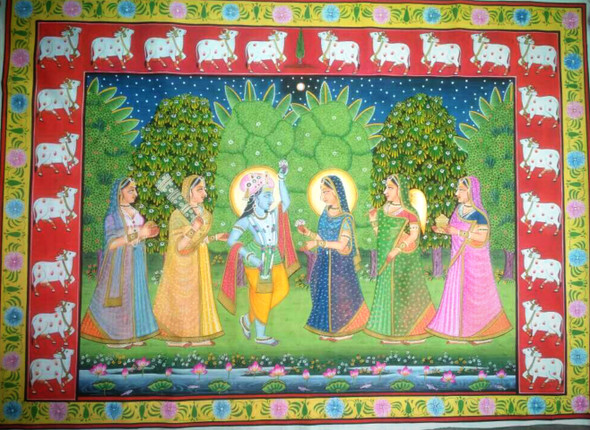 Radha Krishna pichwai painting size 4√ó3 feet on cloth (ART_8266_62596) - Handpainted Art Painting - 36in X 48in