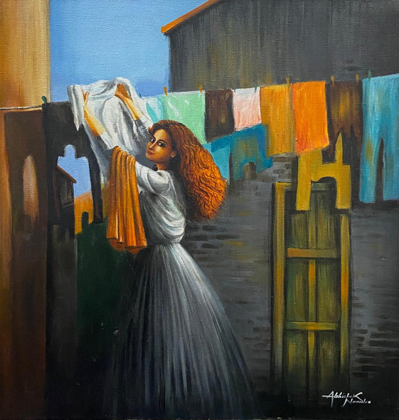 Drying Clothes (ART_3512_62578) - Handpainted Art Painting - 24in X 24in