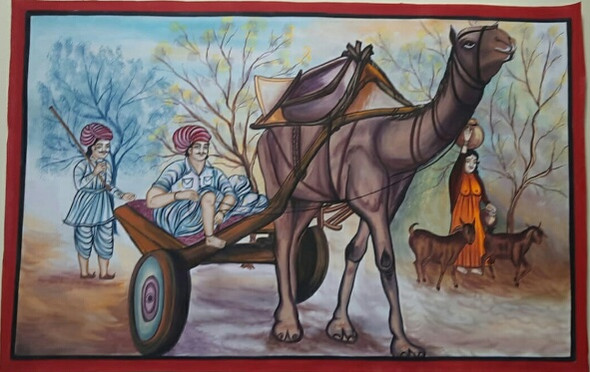 Rajasthani village scene painting (ART_8266_62555) - Handpainted Art Painting - 12in X 36in