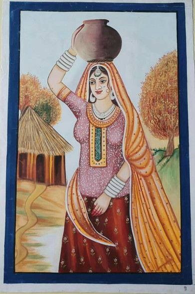 Indian Rajasthani village lady painting (ART_8266_62541) - Handpainted Art Painting - 24in X 36in