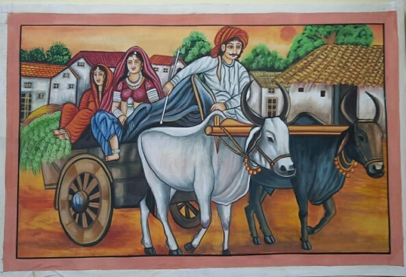 Rajasthani village scene painting  (ART_8266_62540) - Handpainted Art Painting - 24in X 36in