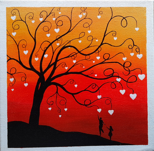 LOVE Heart Tree Acrylic Painting on Canvas (ART_2825_59454) - Handpainted Art Painting - 9in X 9in