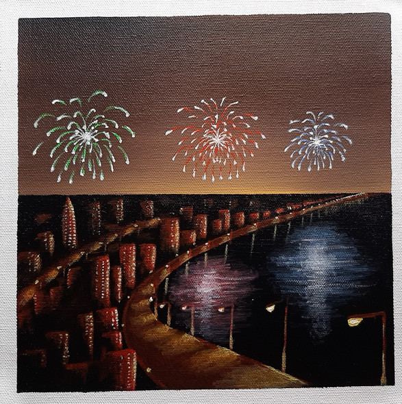 Crackers & Beautiful Night Acrylic Painting (ART_2825_54672) - Handpainted Art Painting - 9in X 9in