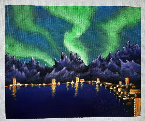 Northern Green Light Acrylic Painting (ART_2825_54670) - Handpainted Art Painting - 11in X 9in