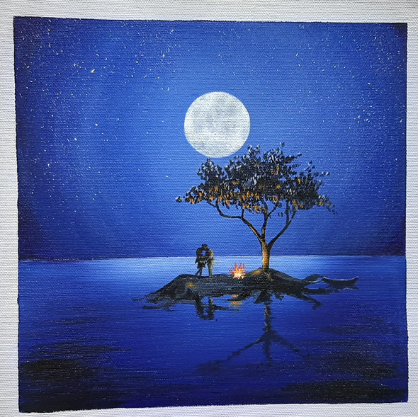 Love Couple on Moon Light (ART_2825_54665) - Handpainted Art Painting - 9in X 9in