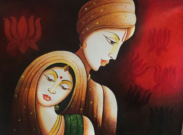 The Divine Radha Krishna-12 (ART_3319_62650) - Handpainted Art Painting - 36in X 24in