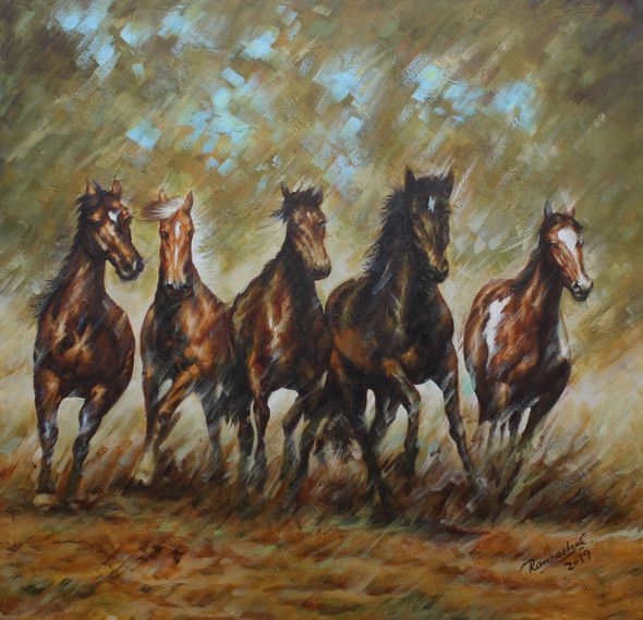 5 lackey horses (ART_1522_62697) - Handpainted Art Painting - 24in X 24in