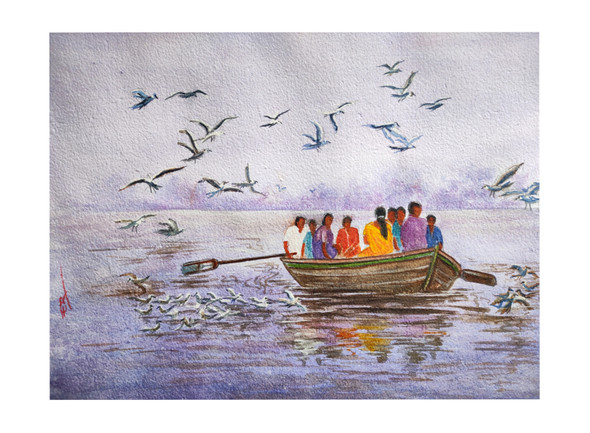 Ganges ride (ART_1559_62704) - Handpainted Art Painting - 13in X 9in