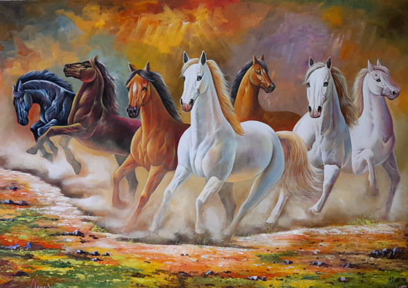7 Running Horses (VASTU) by ARTOHOLIC (ART_3319_62769) - Handpainted Art Painting - 36in X 24in