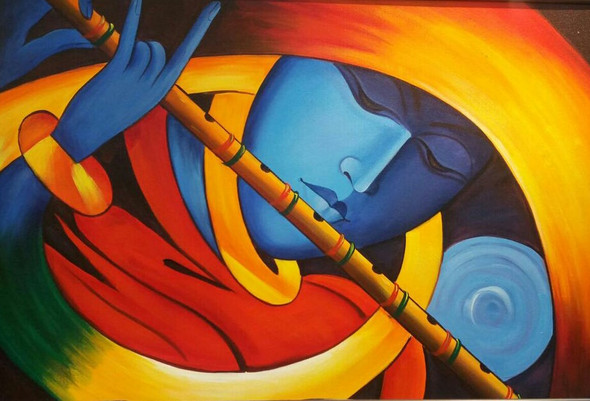 Lord Krishna Playing Flute-06 By ARTOHOLIC (ART_3319_62913) - Handpainted Art Painting - 36in X 24in