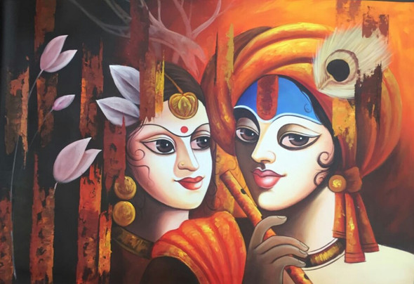 The Divine Radha Krishna-21 By Radha Krishna (ART_3319_62911) - Handpainted Art Painting - 36in X 24in