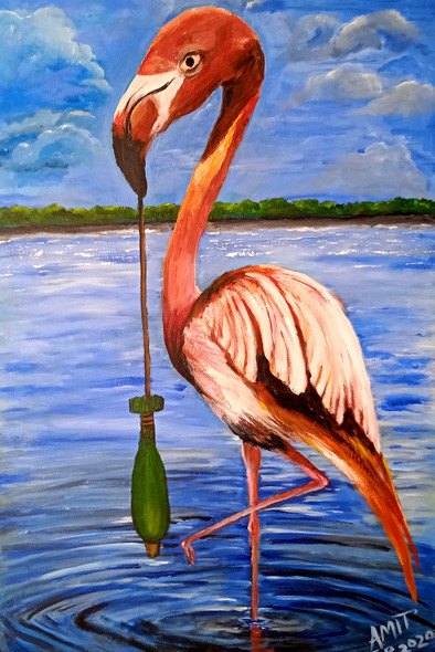 Flamingo For Peace (ART_8405_62896) - Handpainted Art Painting - 24in X 36in