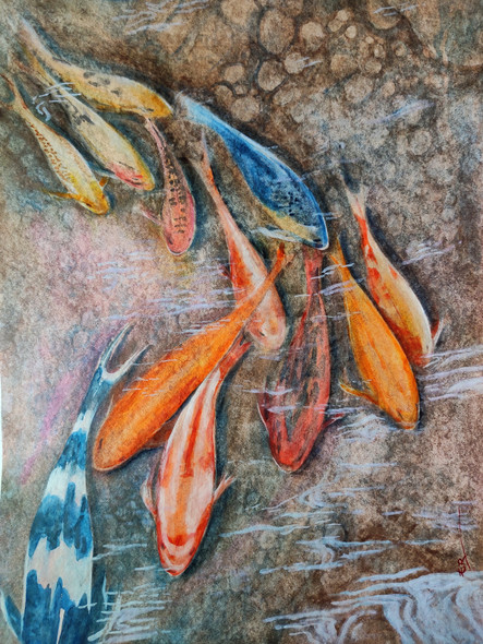 Koi Koi (ART_1559_62878) - Handpainted Art Painting - 12in X 17in