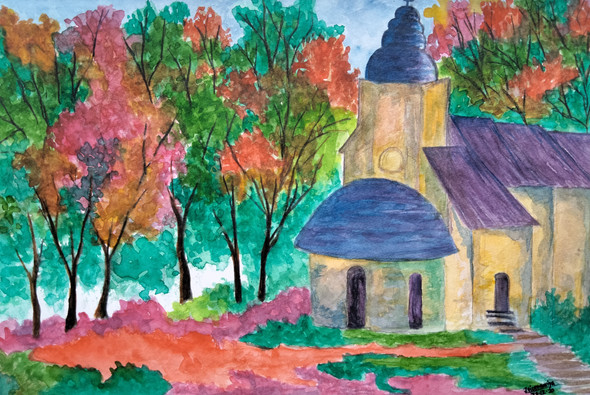 Old Church in the Beautiful Garden (ART_8401_63563) - Handpainted Art Painting - 11in X 7in