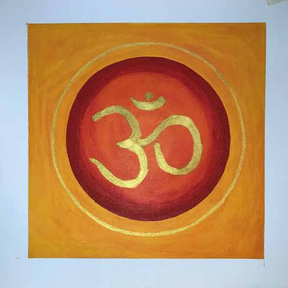 OM Bhagwa background (ART_7930_63500) - Handpainted Art Painting - 15in X 15in