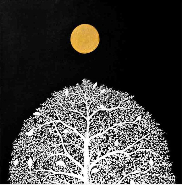 Tree in Full Moon (ART_6730_63502) - Handpainted Art Painting - 18in X 18in