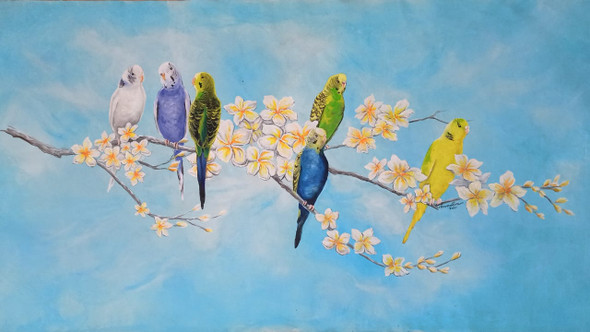 Budgie – Original Acrylic Bird Painting | Colorful Parrots On Blossom Branch | Nature Wall Art (ART_3674_63479) - Handpainted Art Painting - 60in X 36in