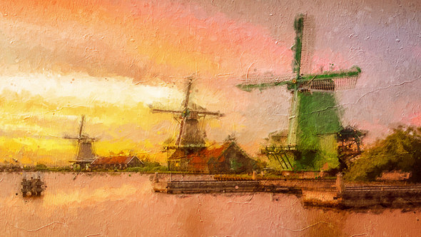 Architecture Windmills Holland Buildings Dawn Dusk (PRT_7809_63888) - Canvas Art Print - 36in X 20in