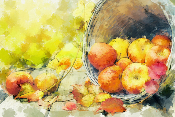 Apple Autumn Leaf Basket (PRT_7809_63879) - Canvas Art Print - 36in X 24in