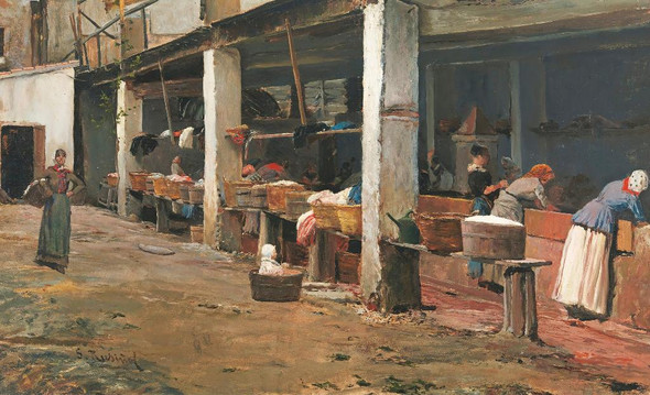 Lavaderos De La Barceloneta (The Washing Place, Barcelona) By Santiago Rusi√±ol (PRT_12315) - Canvas Art Print - 25in X 15in