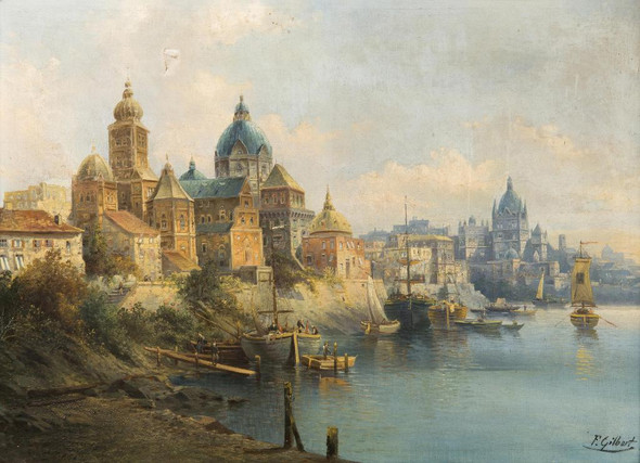 A Port Town By Karl Kaufmann (PRT_12346) - Canvas Art Print - 18in X 13in