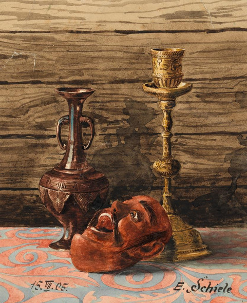 Stillleben Mit Kerzenleuchter, Vase Und Maske (1905) By Egon Schiele (PRT_12399) - Canvas Art Print - 18in X 22in